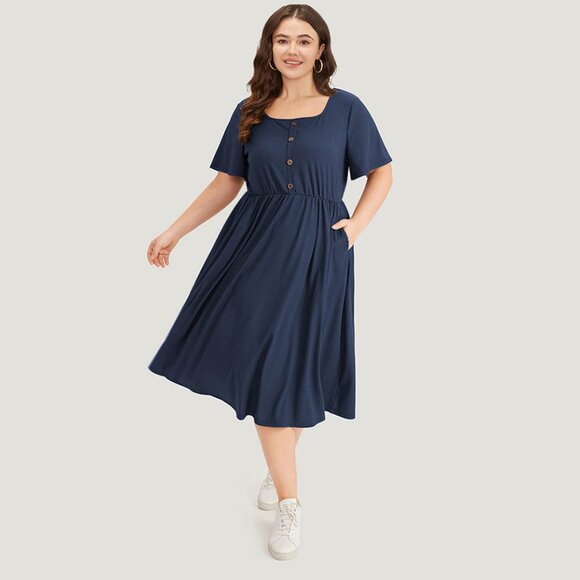 BloomChic Dresses & Skirts - BloomChic Indigo Plain Button Detail Ruffle Sleeve Gathere Square Neck Dress